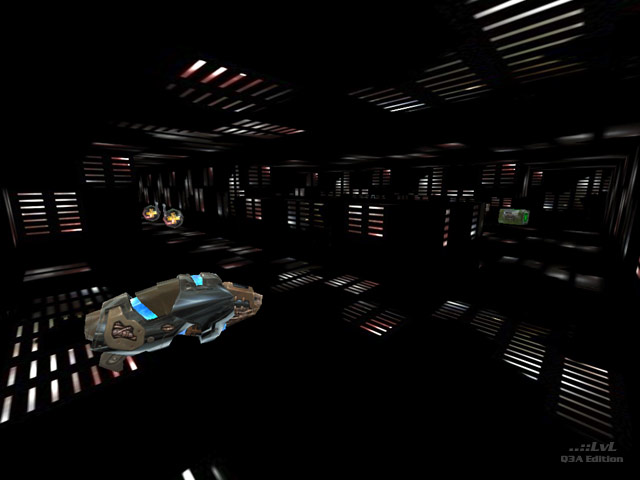 Nafley for Quake III Arena: a dark metallic interior with illuminated grilles and a weapon in the foreground.