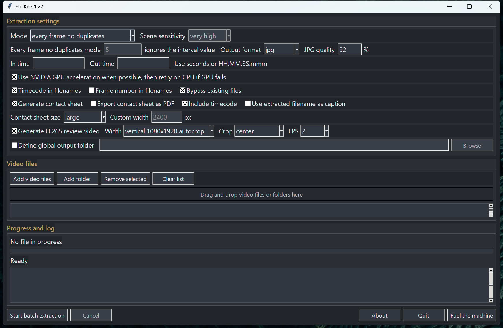 StillKit v1.22 interface screenshot showing extraction settings, scene detection, contact sheet options and H.265 review export.