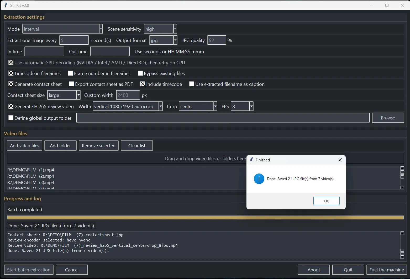 StillKit 2.0 interface showing extraction settings, scene detection, contact sheet options and H.265 review export.